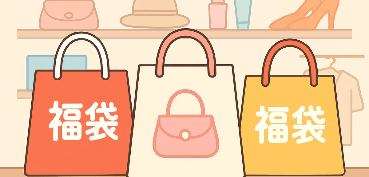 Display of various branded fukubukuro lucky bags lined up at a Japanese retail store, fashion and li
