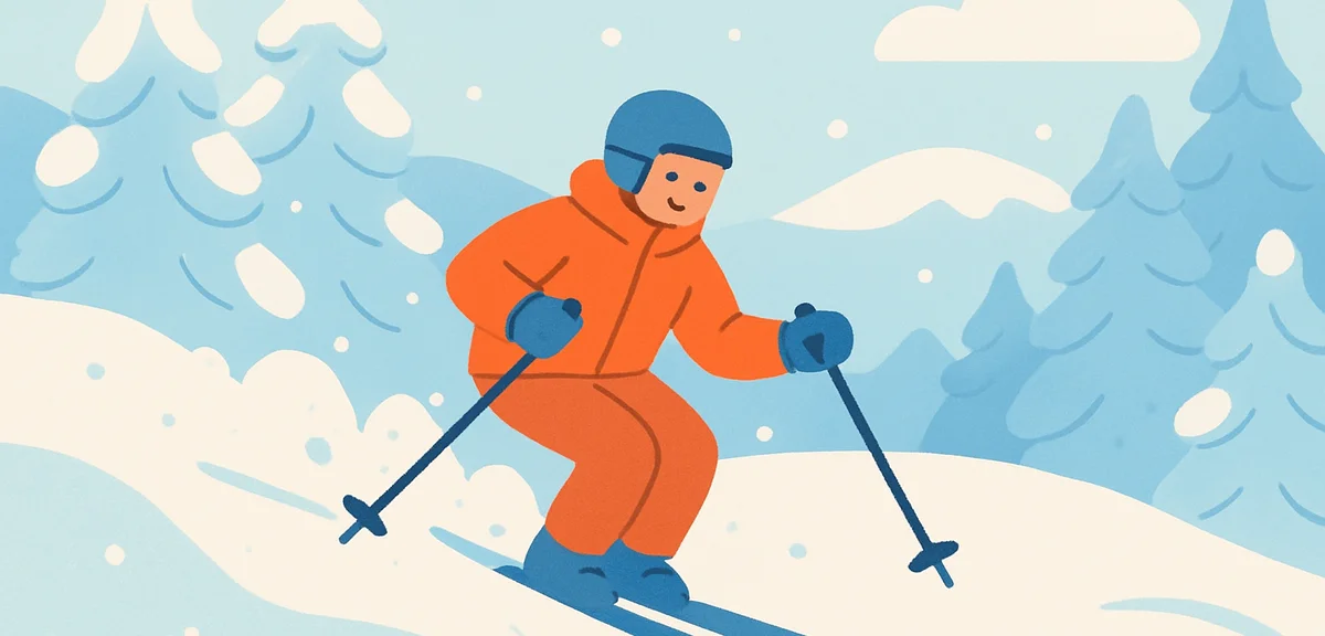 Powder snow skiing in Tohoku region, deep snow trees, expert skier carving fresh tracks