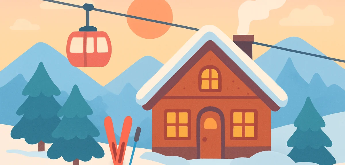 Cozy mountain ski lodge at sunset, warm lights, gondola lift in background, snowy landscape