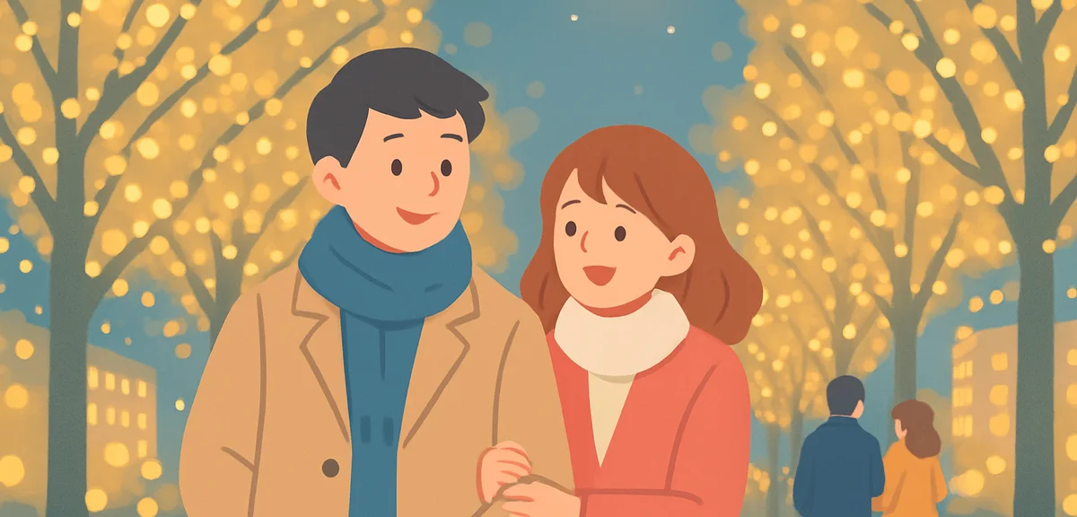 Tokyo Christmas illumination on Marunouchi street with golden champagne lights, couples walking, gen