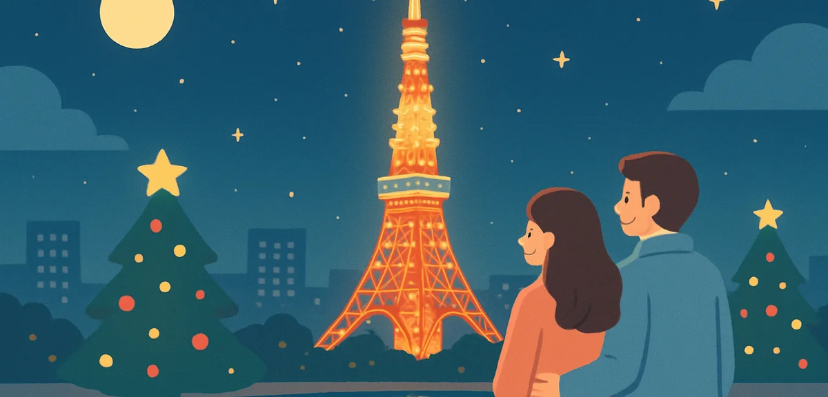 Tokyo Tower illuminated at night during Christmas season, viewed from a romantic spot with reflectiv