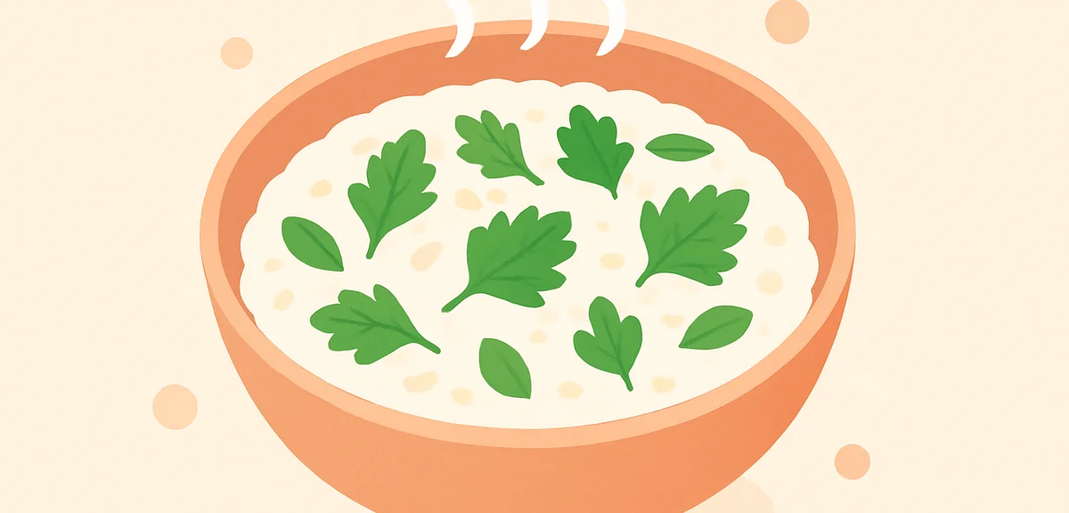 Steaming bowl of Japanese seven-herb rice porridge nanakusa-gayu, close-up overhead shot, fresh gree