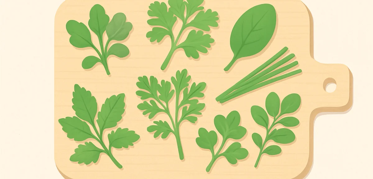 Display of the seven Japanese spring herbs arranged on a wooden cutting board, photorealistic, botan