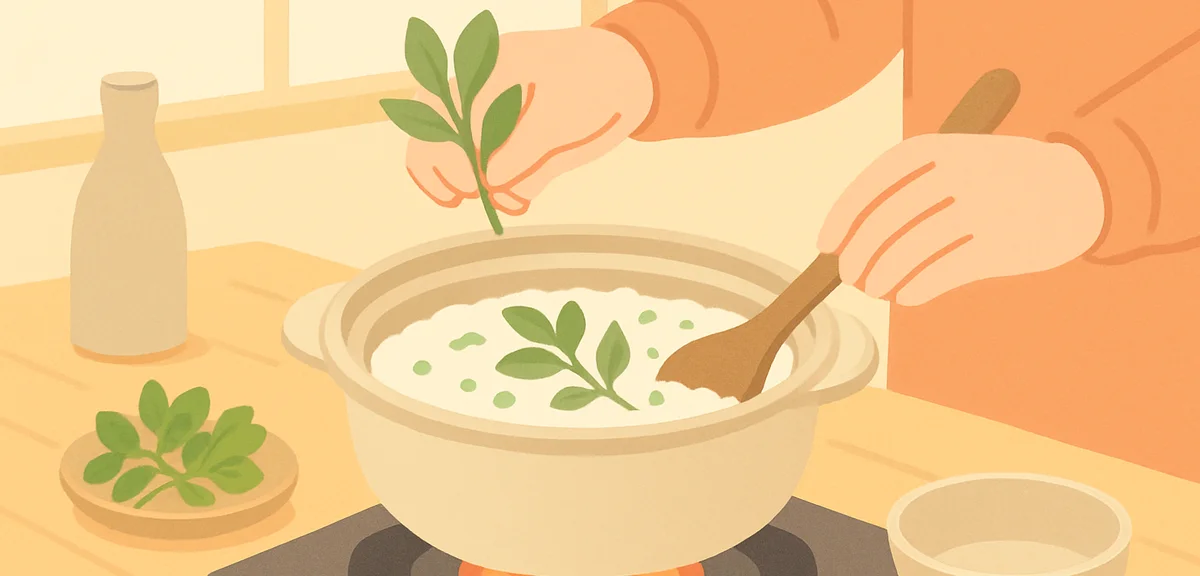 Hands cooking nanakusa-gayu in a traditional Japanese kitchen, ceramic pot on stove, fresh herbs bei