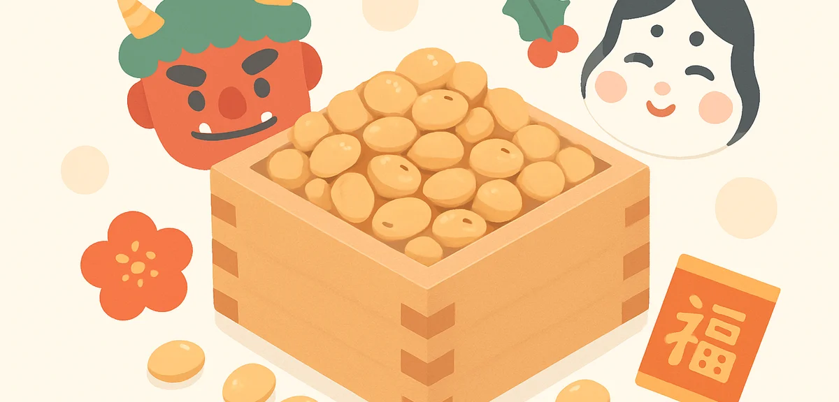 Close-up of roasted soybeans in a traditional wooden masu measuring box, Setsubun decorations around
