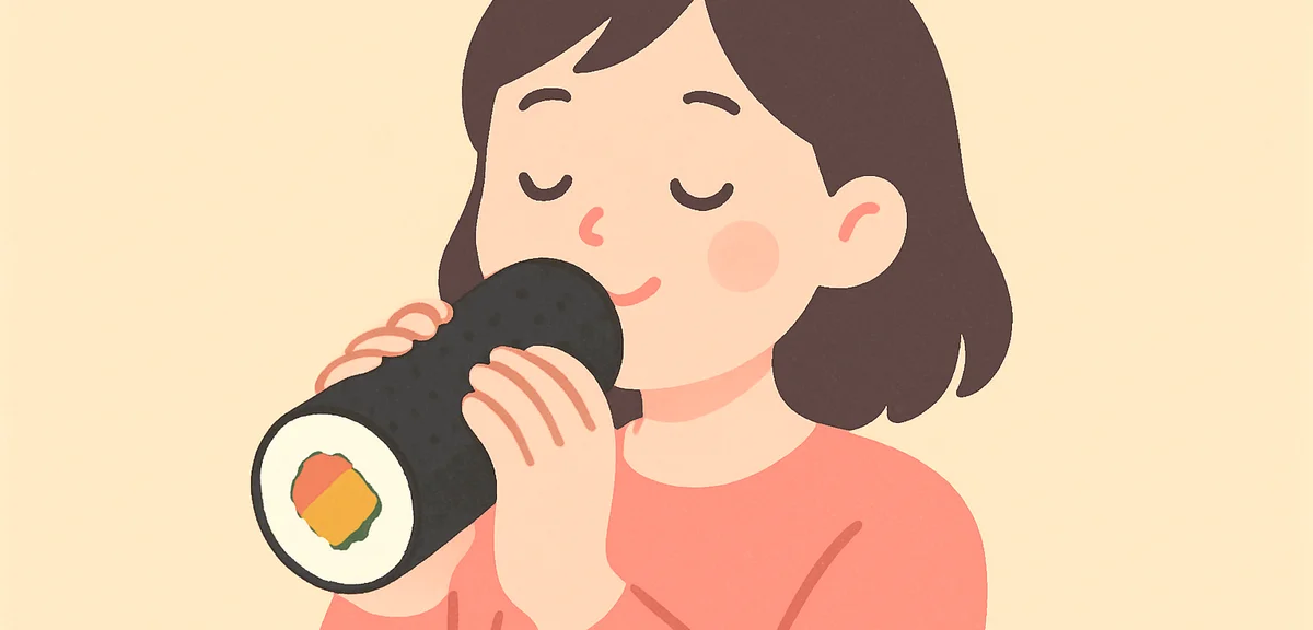 Ehomaki sushi roll being eaten silently while facing the auspicious direction, close-up of person ho