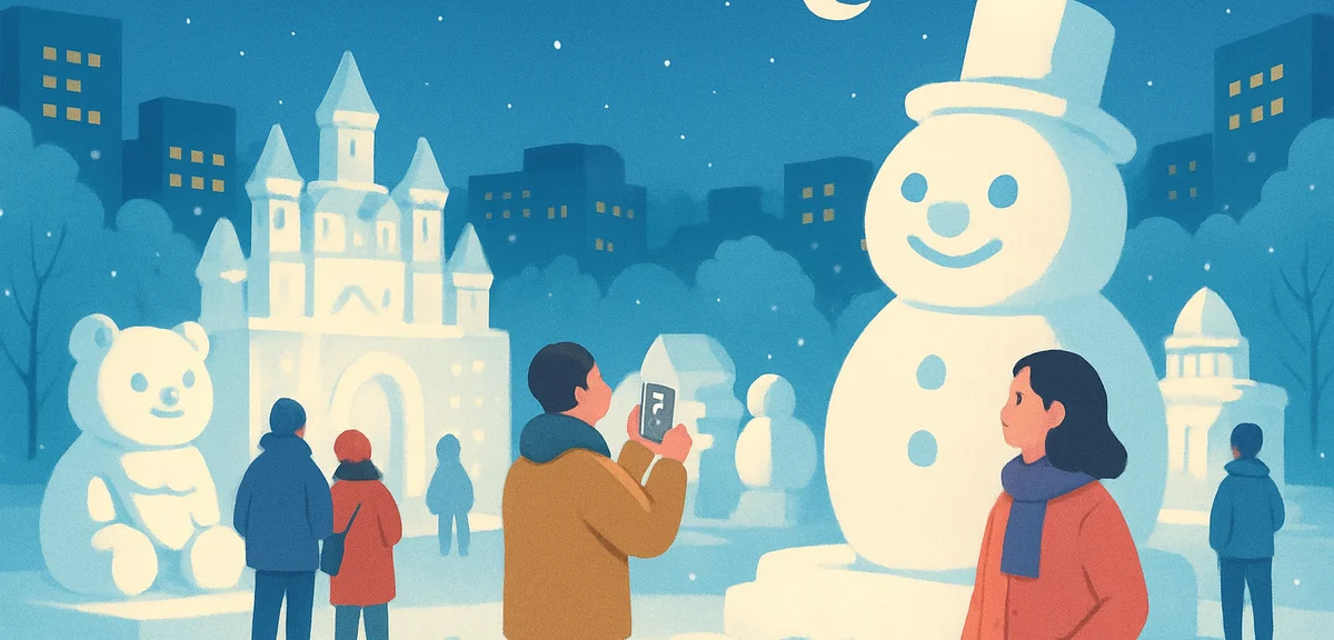 Sapporo Snow Festival in Hokkaido with huge illuminated snow sculptures along Odori Park, visitors a