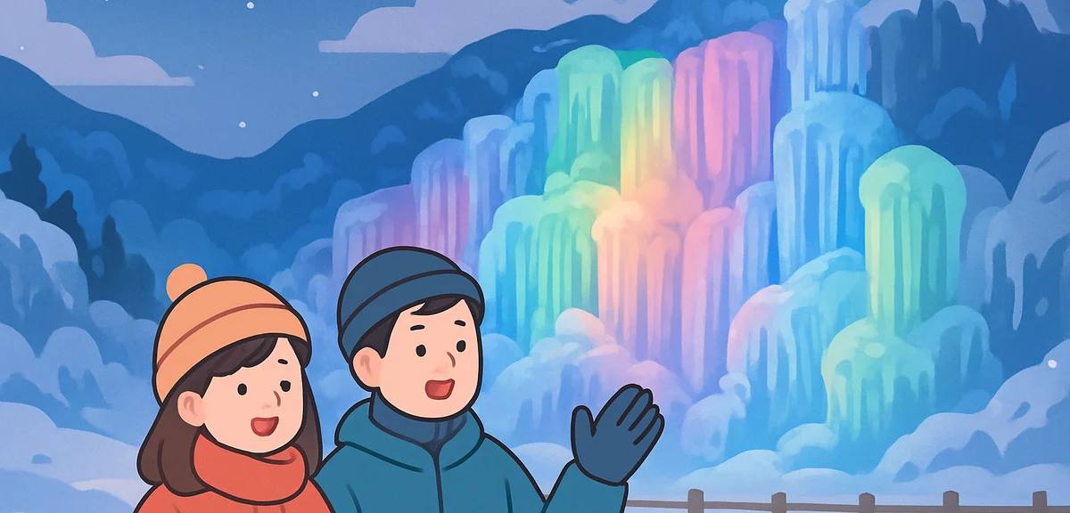 Sounkyo ice waterfall festival in Hokkaido with frozen waterfalls illuminated in colorful lights, dr