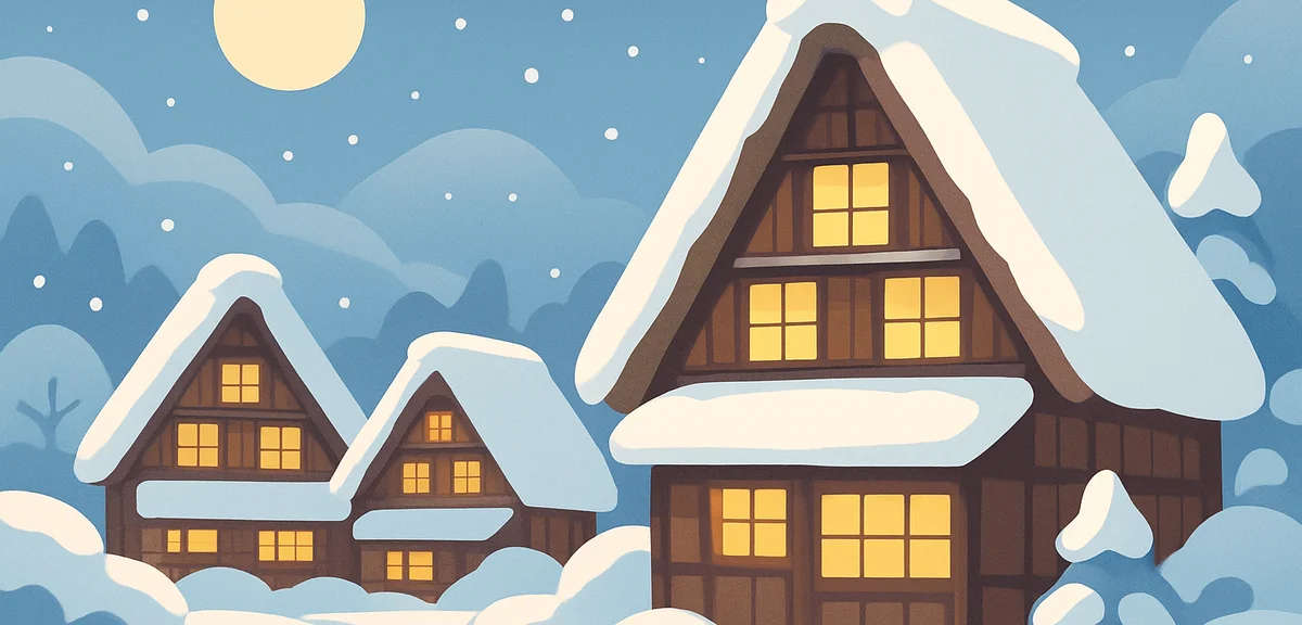 Shirakawago village in winter with traditional gassho-zukuri houses covered in heavy snow, warm yell