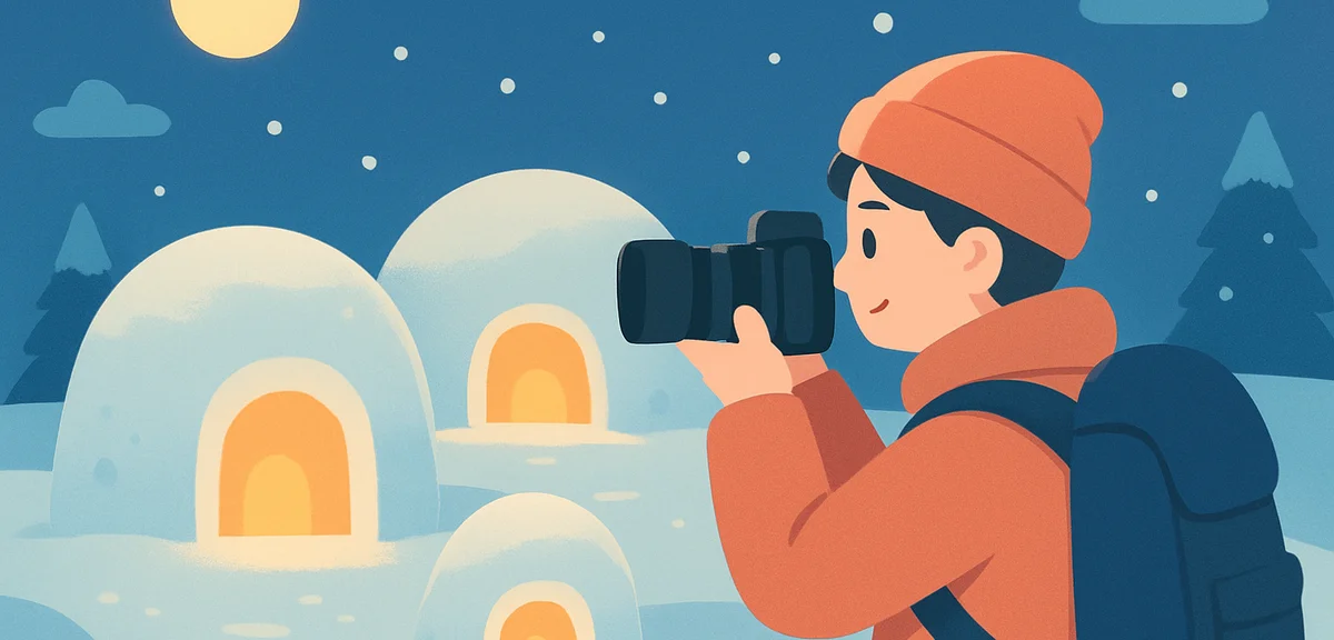 Yokote kamakura snow huts at night with warm orange light glowing from within, photographer capturin