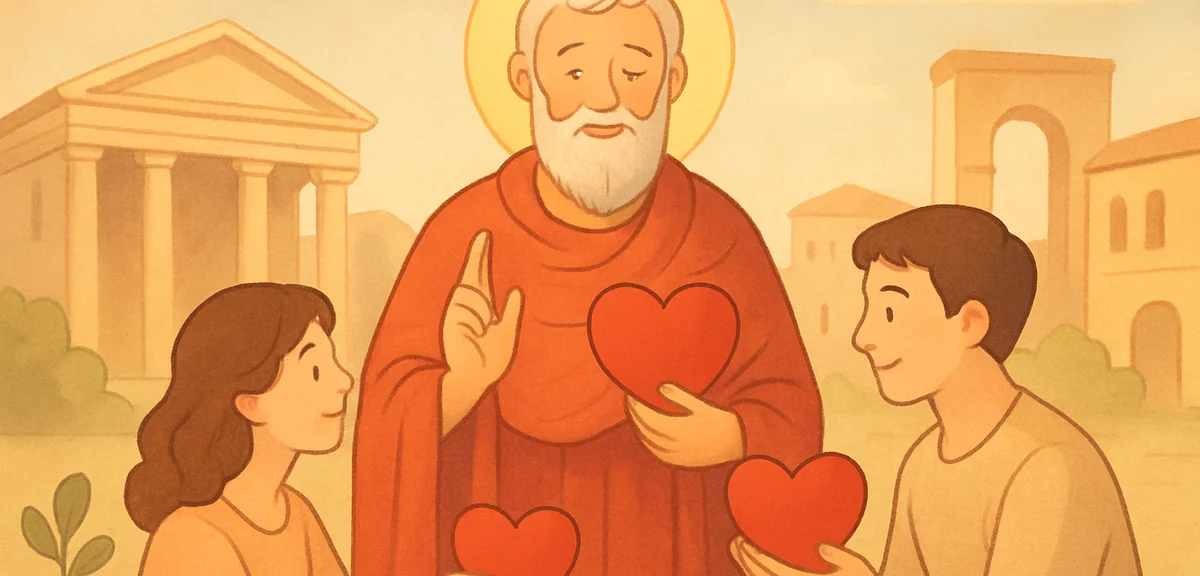 Historical illustration style scene of Saint Valentine in ancient Rome, soft warm light, classical s
