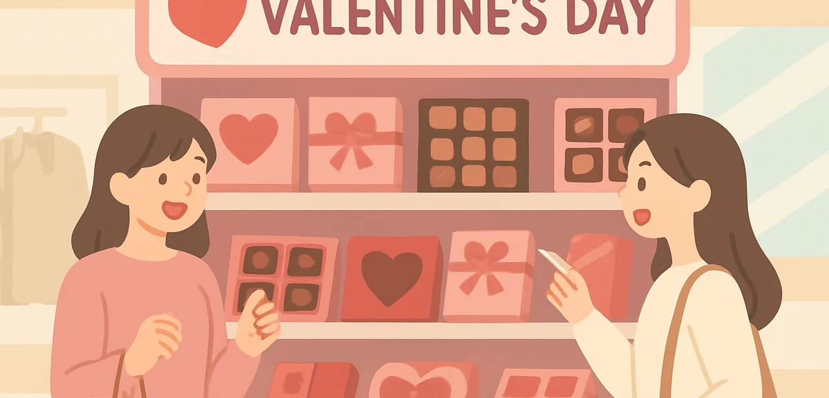 Japanese department store Valentine's Day chocolate display with various brands, women shopping, fes