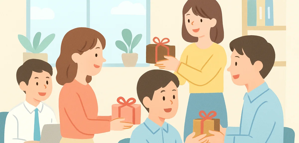 Modern Japanese workplace where colleagues exchange small giri-choco gifts, friendly atmosphere, sof