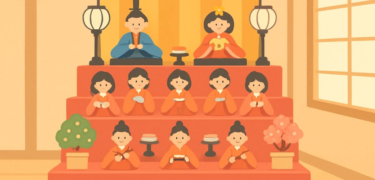 Seven-tier hina doll display in a traditional Japanese home, emperor and empress dolls at top, three