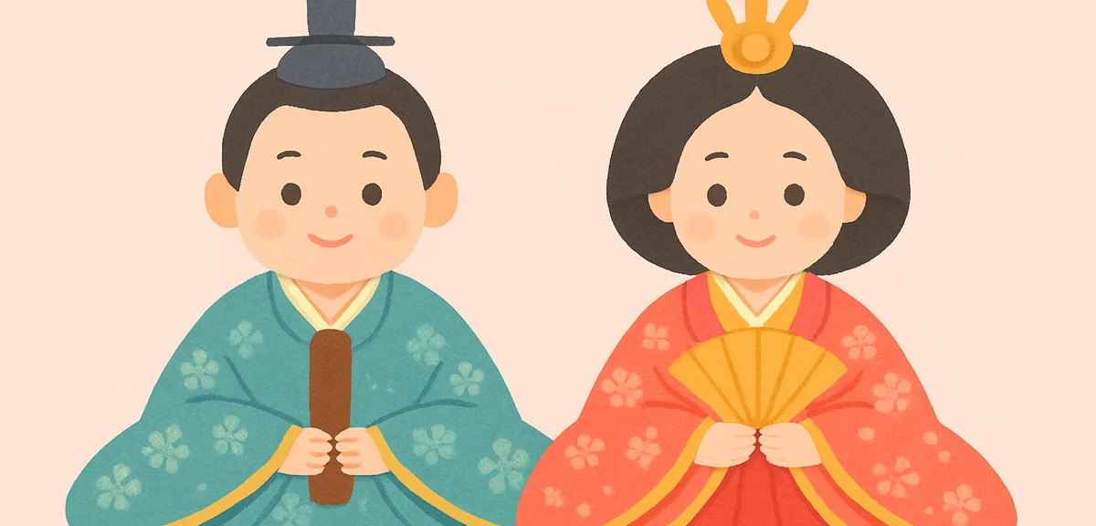 Close-up of male and female hina dolls in traditional Heian period costumes, intricate fabric patter