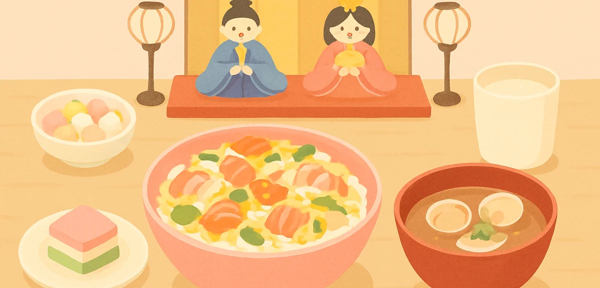 Traditional hinamatsuri meal table with chirashi sushi, hamaguri clam soup, hina-arare crackers, his