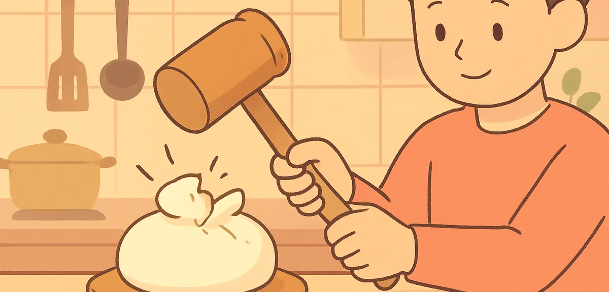 Hands using a wooden mallet to break a dried kagamimochi rice cake in a Japanese kitchen, traditiona