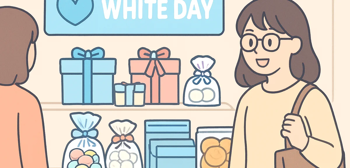 Japanese department store White Day gift display with macarons, marshmallows, and cookies in pastel