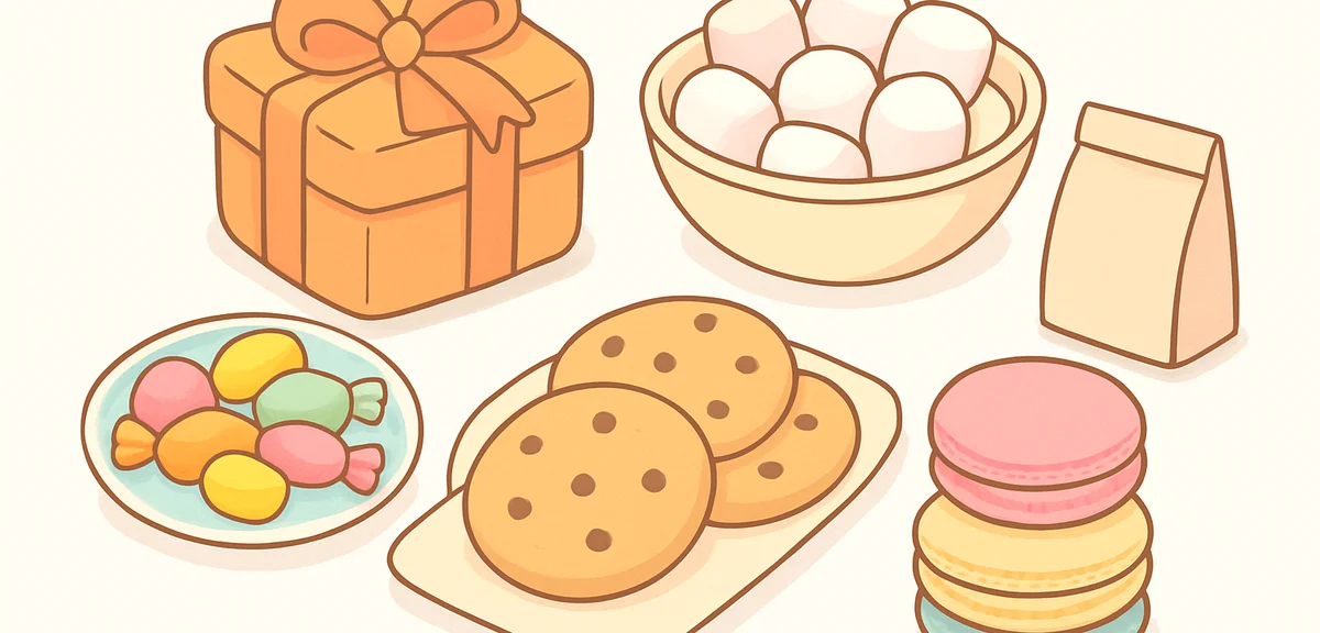 Assorted return gifts on a white surface: marshmallows, candies, cookies, macarons, neatly arranged,