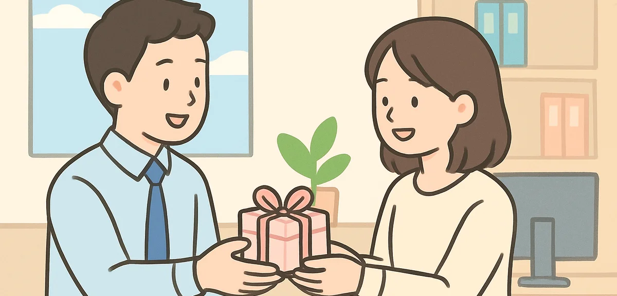 Office colleague handing a small wrapped White Day gift to a coworker in a Japanese workplace, frien