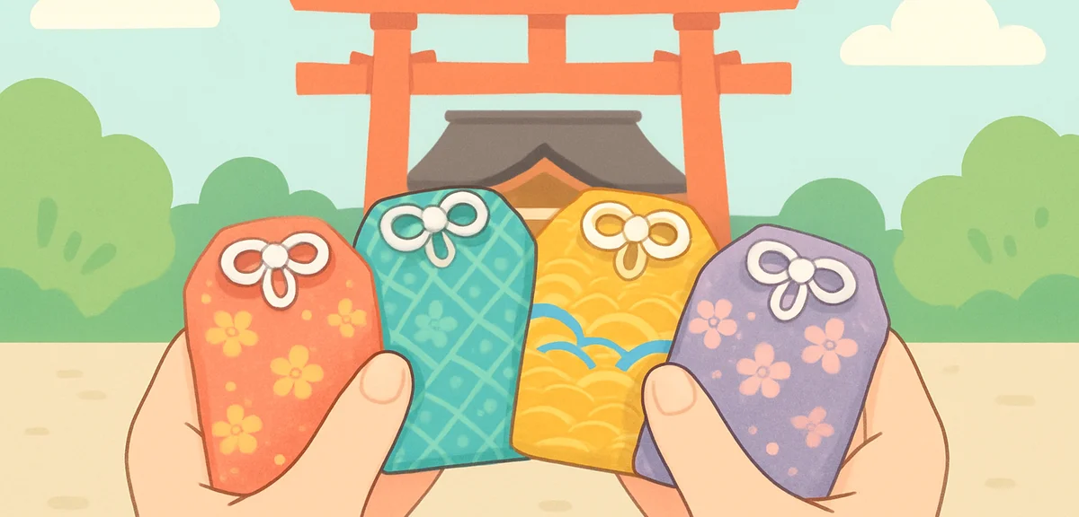 Hands holding multiple omamori amulets at a Japanese shrine, colorful brocade pouches with intricate