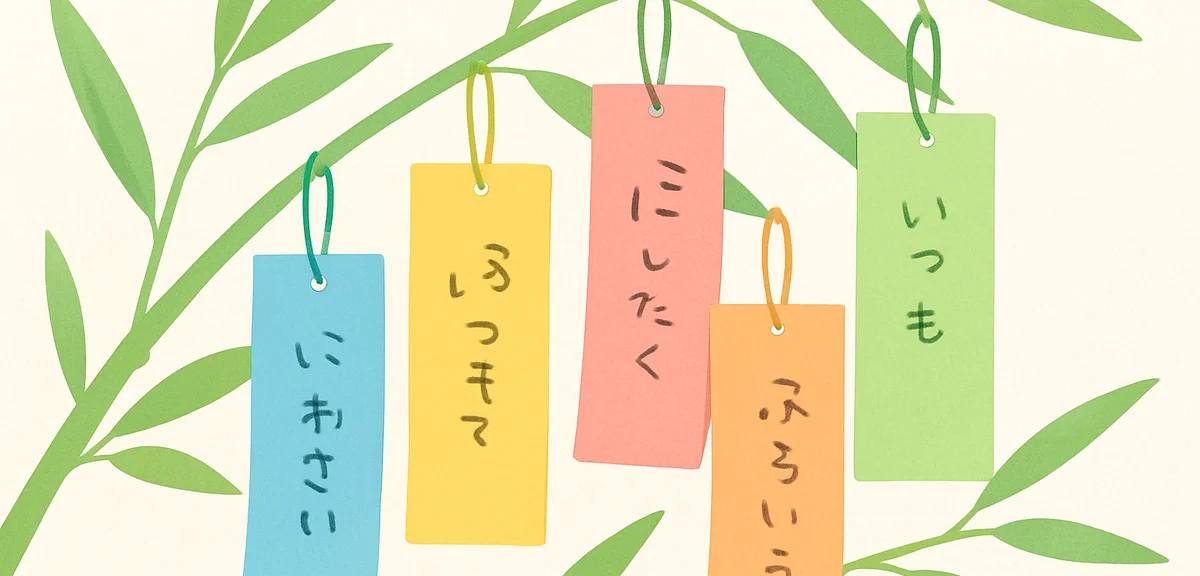 Close-up of colorful five-color tanzaku paper strips with handwritten wishes hanging on green bamboo
