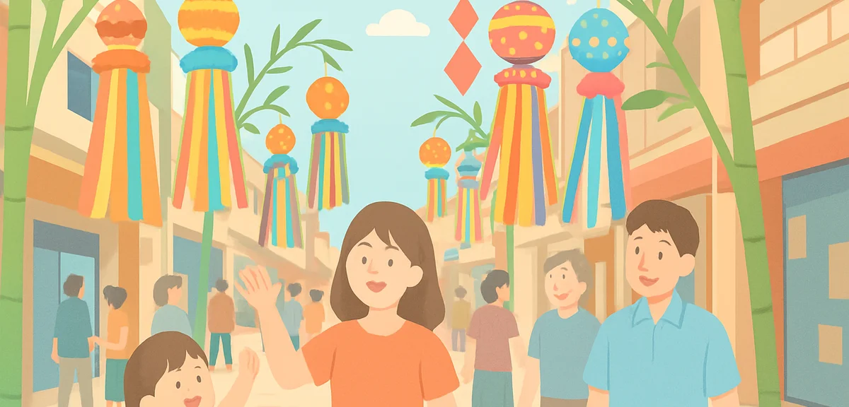 Sendai Tanabata festival decorations with elaborate paper ornaments hanging from bamboo poles along