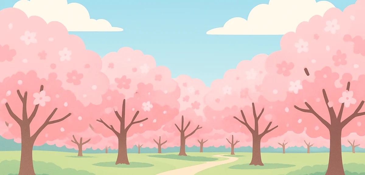 Vast cherry blossom landscape with rows of pink sakura trees in full bloom under a clear blue sky, p