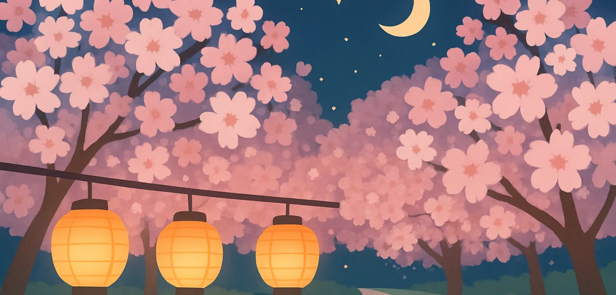 Magical night cherry blossom illumination with pink and white sakura lit up at night, lanterns in fo