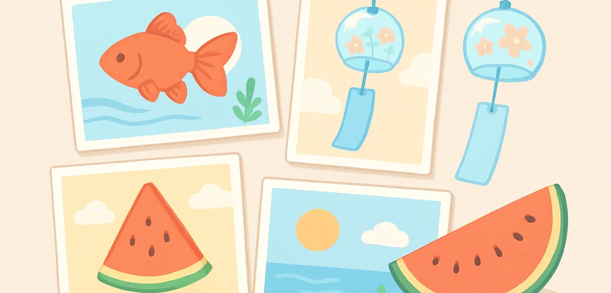 Various summer-themed Japanese postcards displayed with goldfish, wind chimes, and watermelon illust