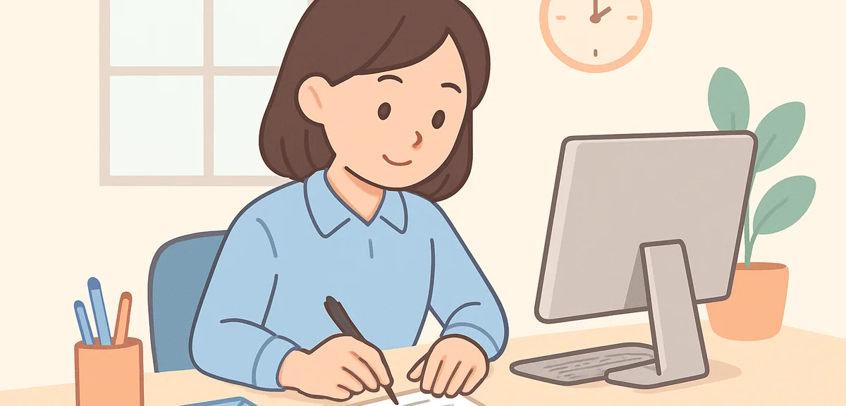 Office worker writing a business shochu-mimai card at desk with computer and stationery, focused exp