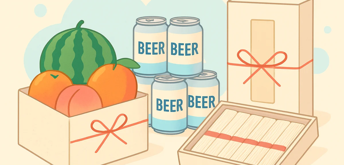 Beautifully arranged summer gift items: premium fruits, beer cans, somen noodles in elegant boxes wi