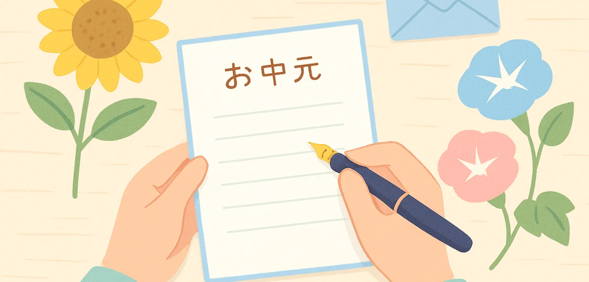 Hands writing an ochugen thank-you letter on traditional Japanese stationery, fountain pen, summer f