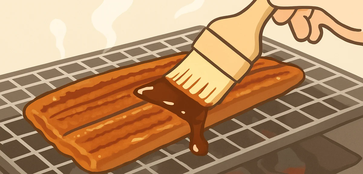 Close-up of grilled unagi kabayaki with glossy tare sauce being basted, charcoal grill in background