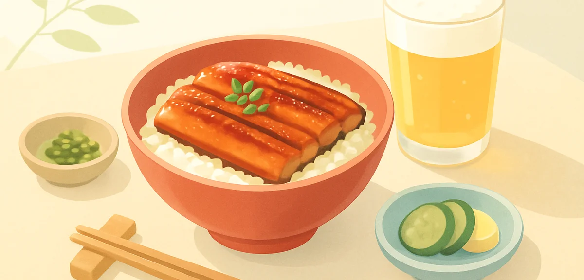 Japanese summer table setting with unagi don bowl, sansho pepper, pickles, and a glass of cold beer,