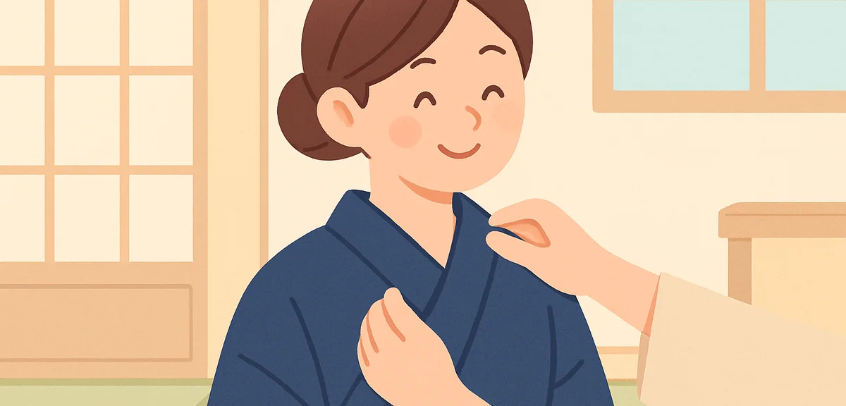 Step-by-step yukata dressing scene showing hands carefully adjusting the eri collar of a navy yukata