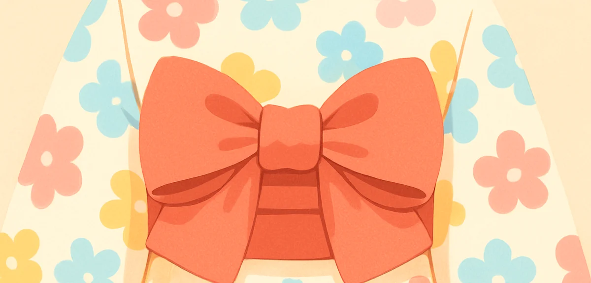 Close-up of beautifully tied bunko-musubi obi knot on a colorful yukata, intricate fabric texture an