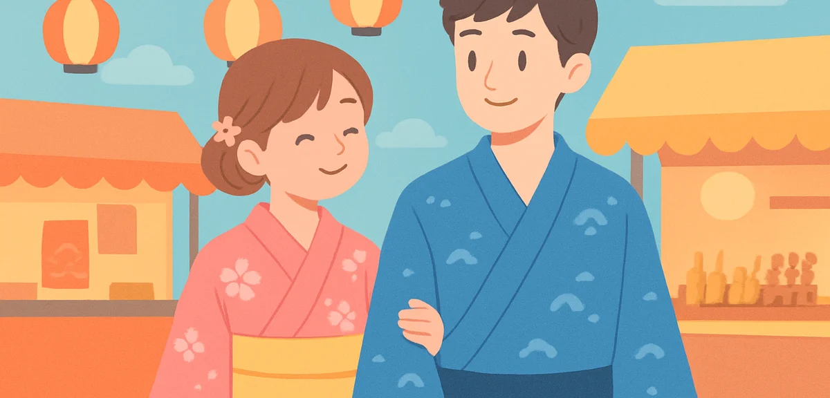 Young couple wearing summer yukata walking together at a Japanese summer festival, paper lanterns an