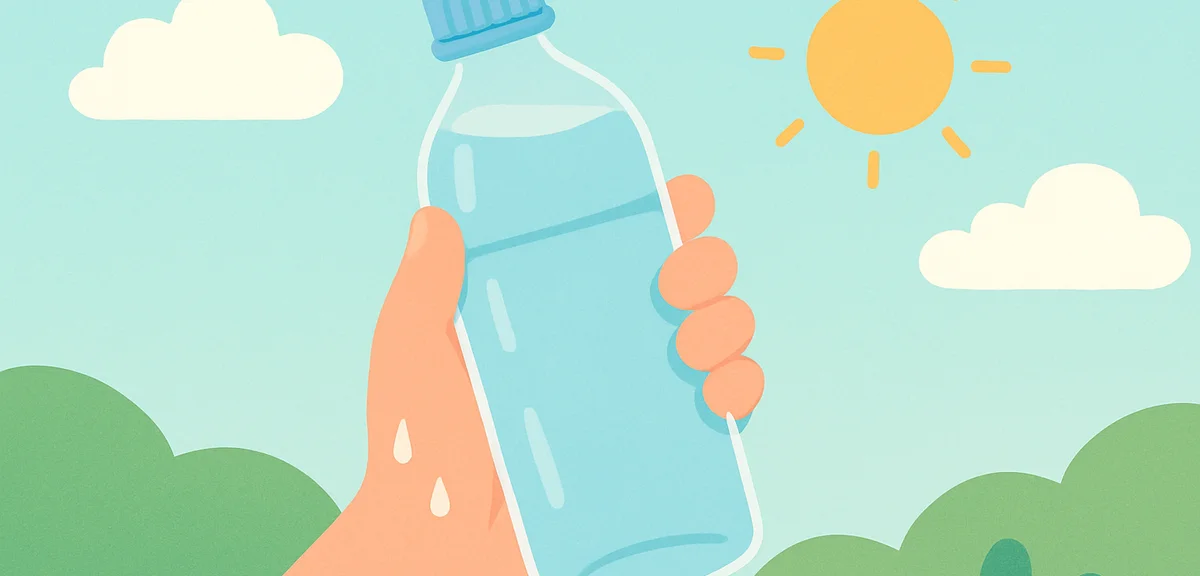 Close-up of person's hand holding water bottle outdoors in hot summer weather, sweat visible, photor