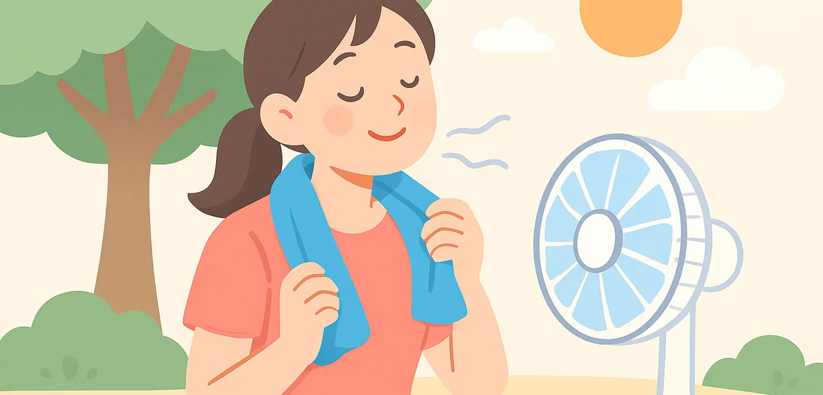 Person cooling down in shade with neck cooling towel and electric fan, summer relaxation scene, phot