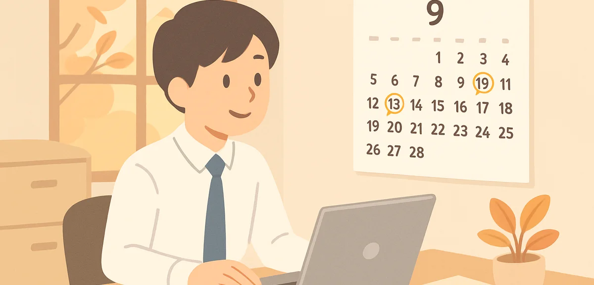 A Japanese office worker at a tidy desk in early autumn, looking at a wall calendar with September d