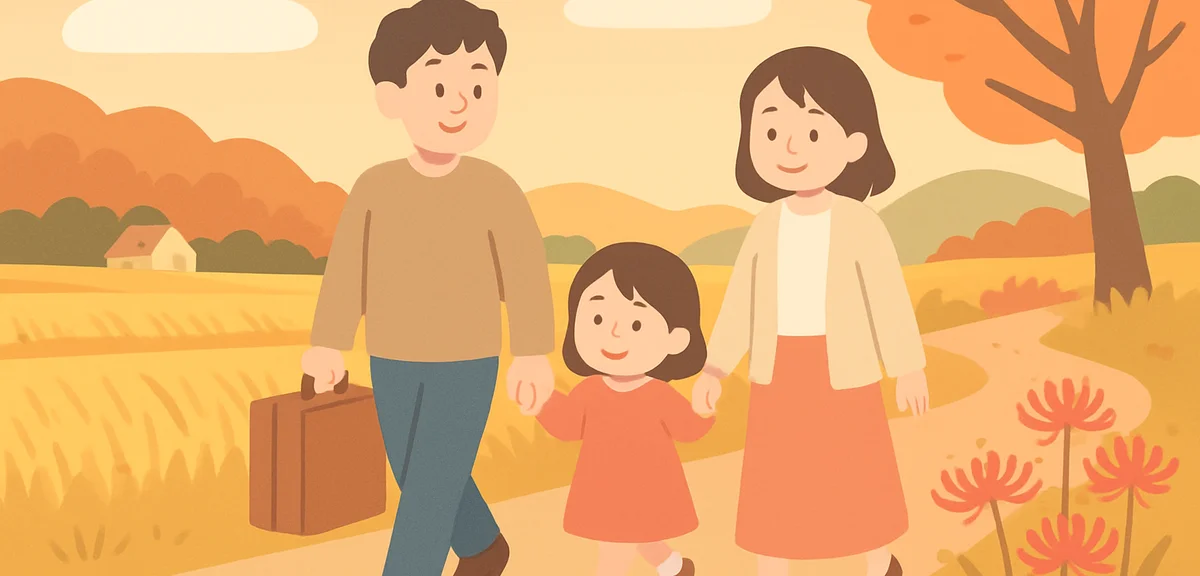 A relaxed Japanese family walking along an autumn countryside path with golden rice fields and red s