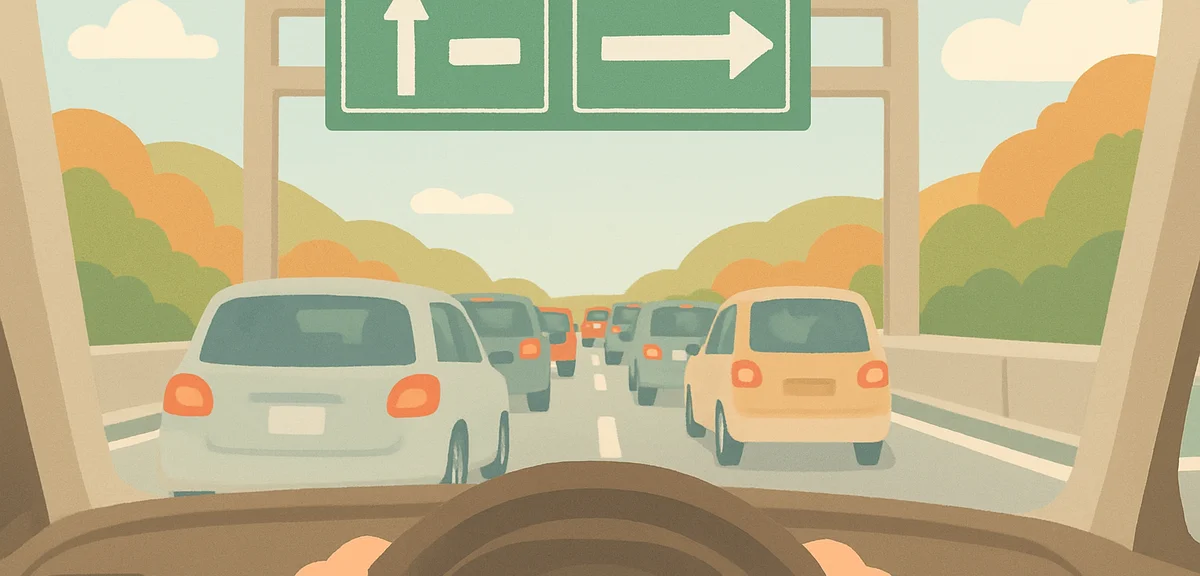 A photorealistic view from inside a car on a Japanese expressway during a holiday traffic jam, brake