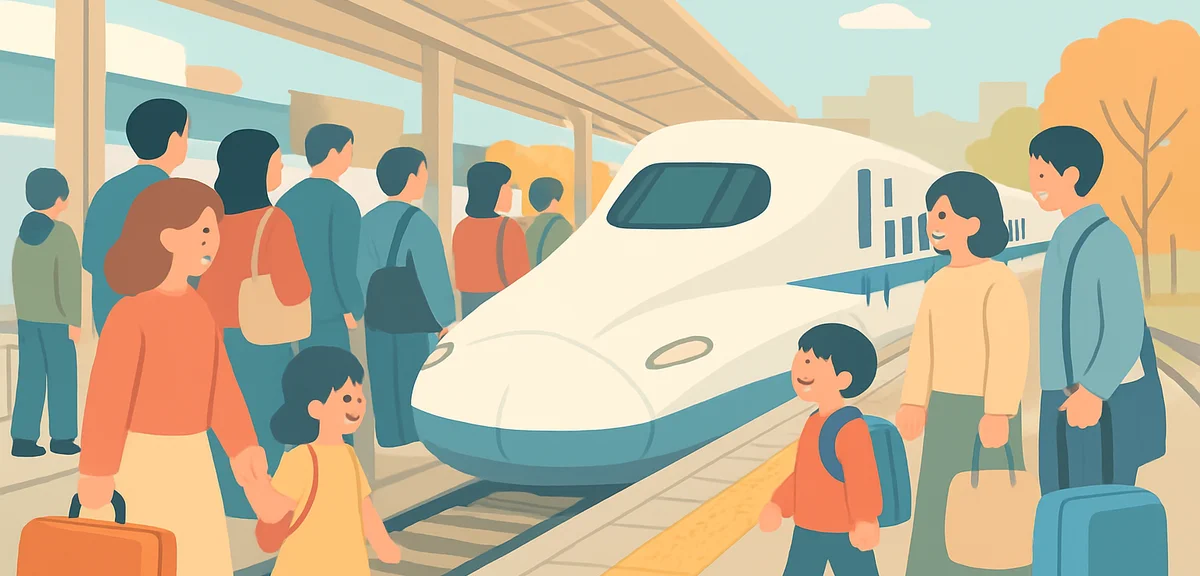 A crowded Shinkansen platform in Japan during a holiday rush, families with luggage waiting behind y