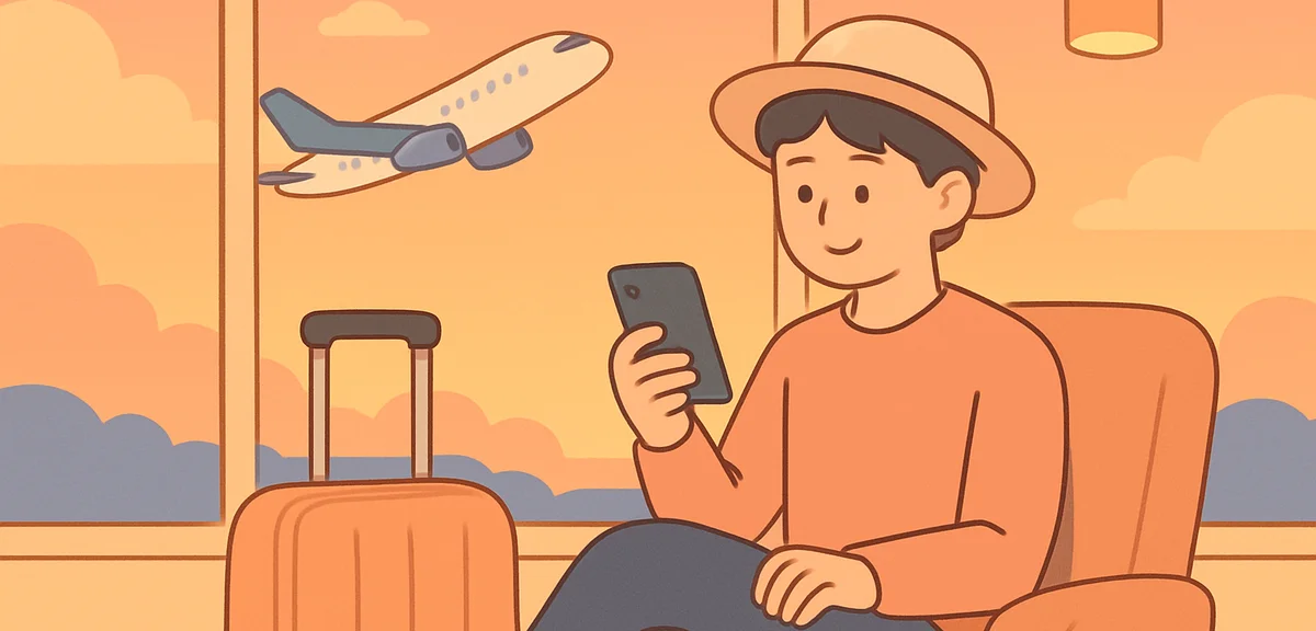 A traveler sitting in an airport lounge at dusk checking a smartphone with an airplane visible throu