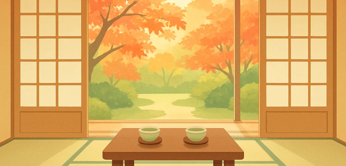 A quiet Japanese ryokan room with tatami mats, a low table with green tea, shoji screens partially o