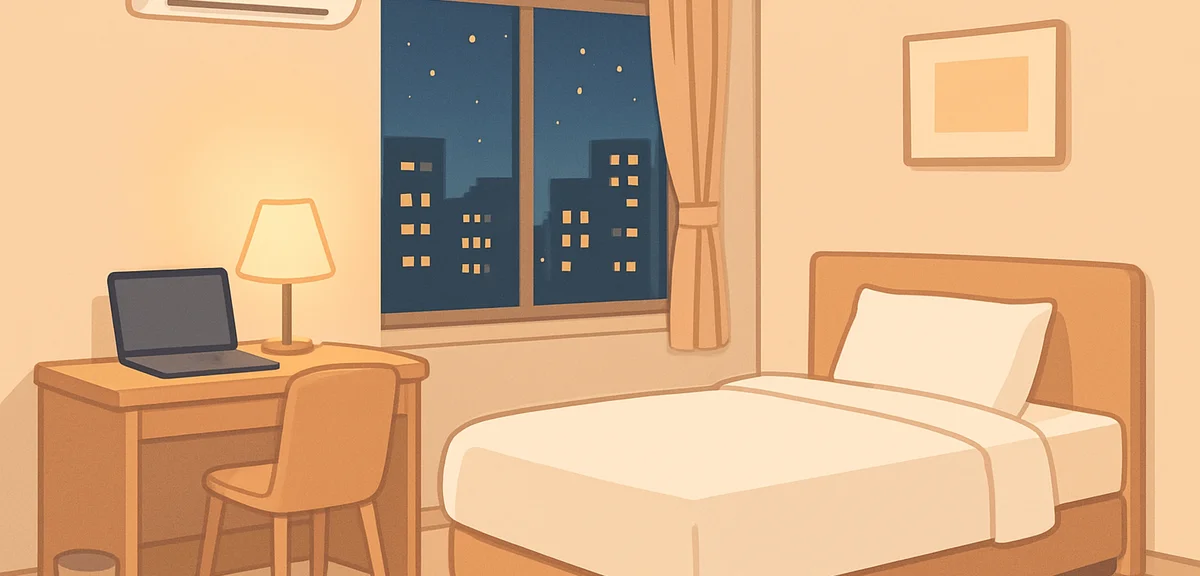 A modern compact Japanese business hotel room at night, neatly made single bed, desk with lamp, city