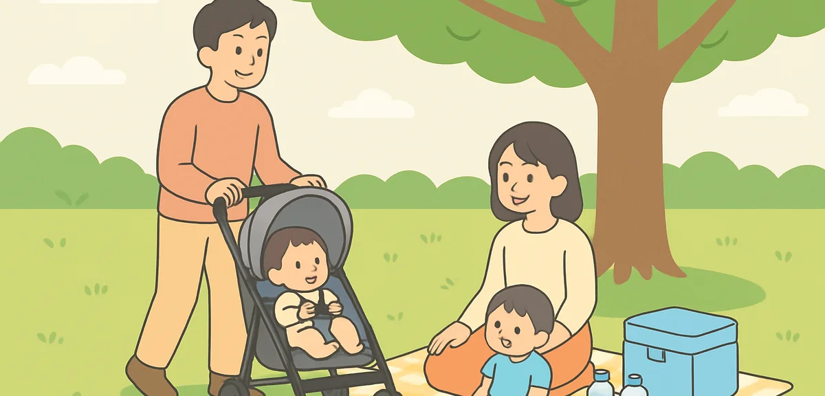 A young Japanese family with a baby in a stroller and a small child resting on a picnic blanket unde