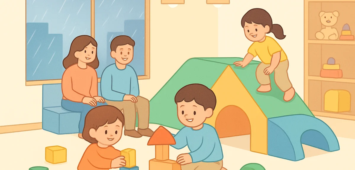 Interior of a bright modern indoor children's play facility on a rainy day, children playing with wo