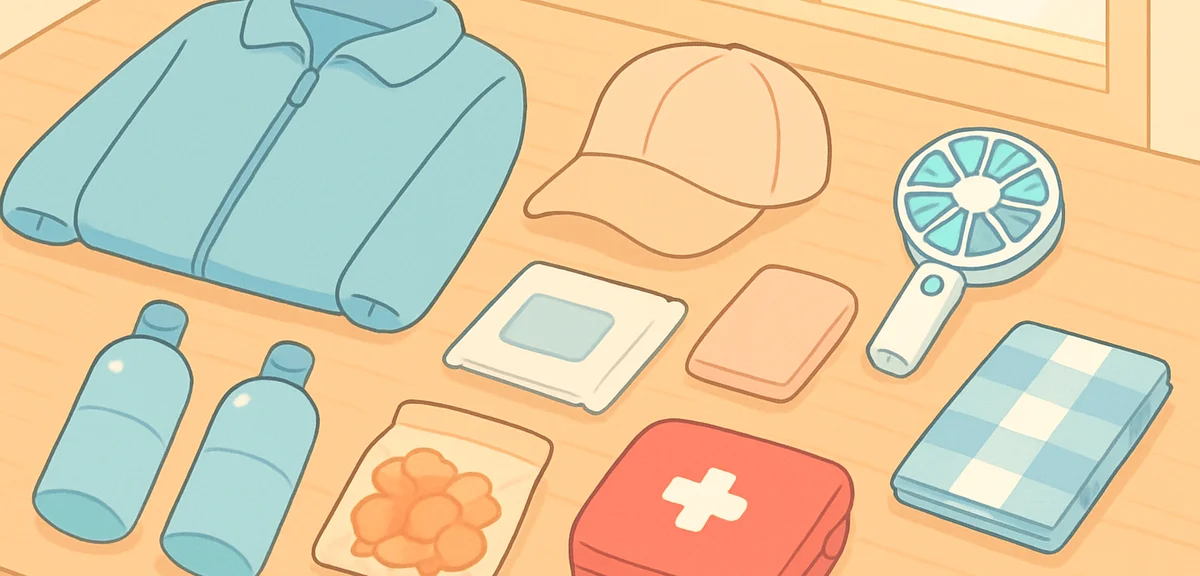 A neatly arranged flat-lay of family day-trip essentials on a wooden table: a light windbreaker, cap